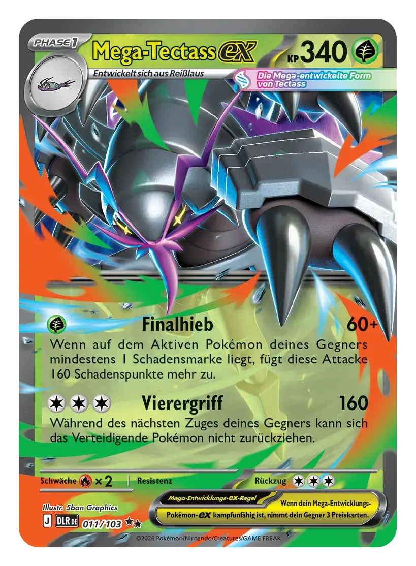 Mega-Tectass-ex: Pokémon-Karte Mega-Tectass-ex, Phase 1, 340 KP, Pflanze, 011/103. Mega-Tectass streckt seine riesigen Krallen nach vorn.
