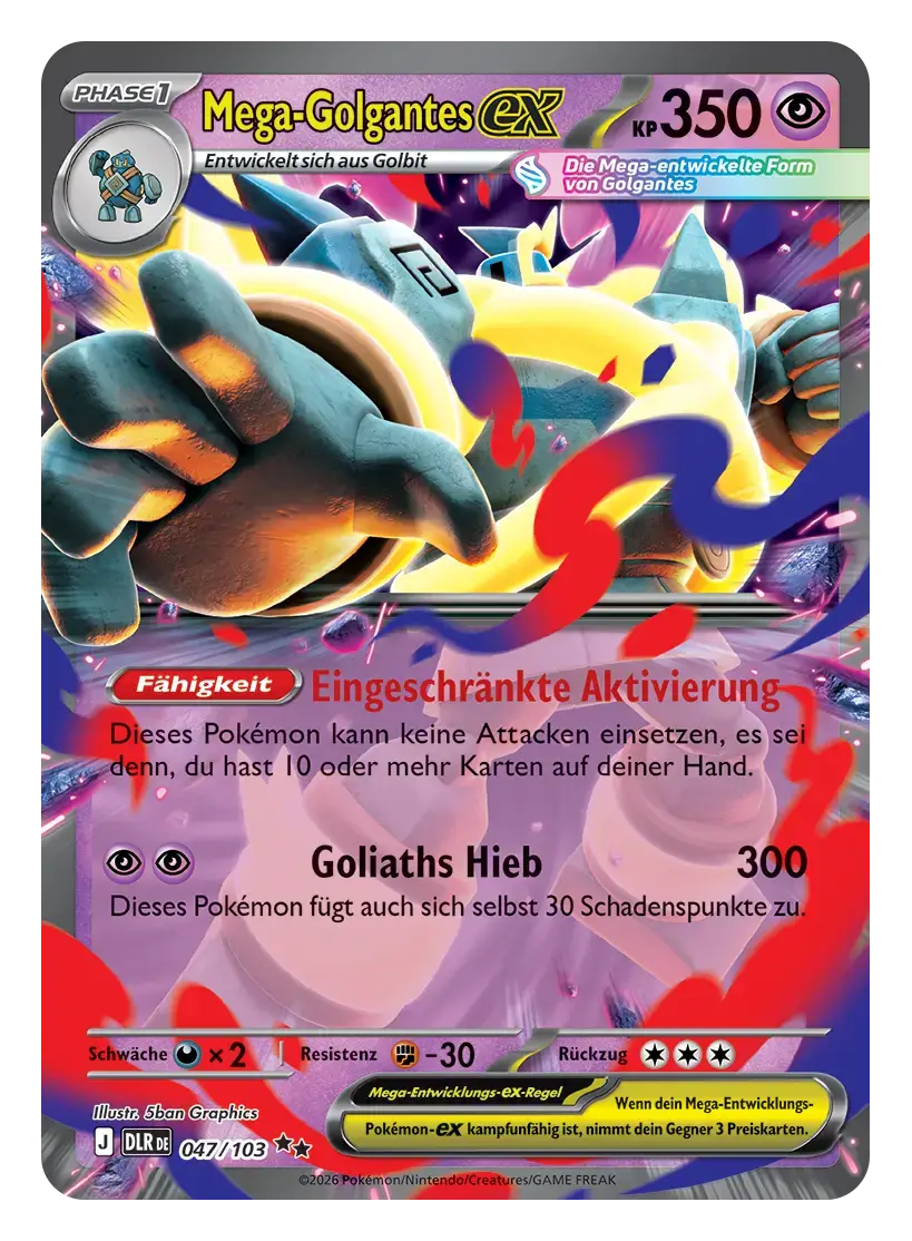 Mega-Golgantes-ex: Pokémon-Karte Mega-Golgantes-ex, Phase 1, 350 KP, Psycho, 047/103. Mega-Golgantes holt zu einem Faustschlag aus.