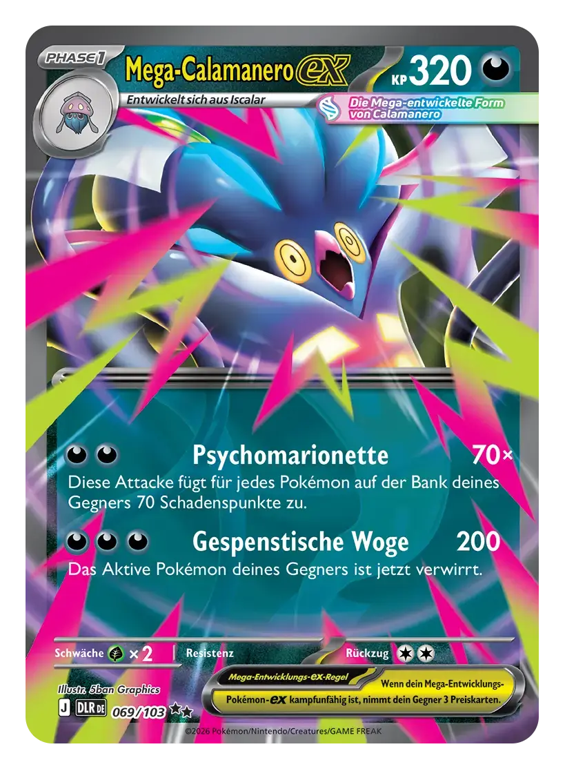 Mega-Calamanero-ex: Pokémon-Karte Mega-Calamanero-ex, Phase 1, 320 KP, Unlicht, 069/103. Mega-Calamanero zwischen grellen Neonblitzen.