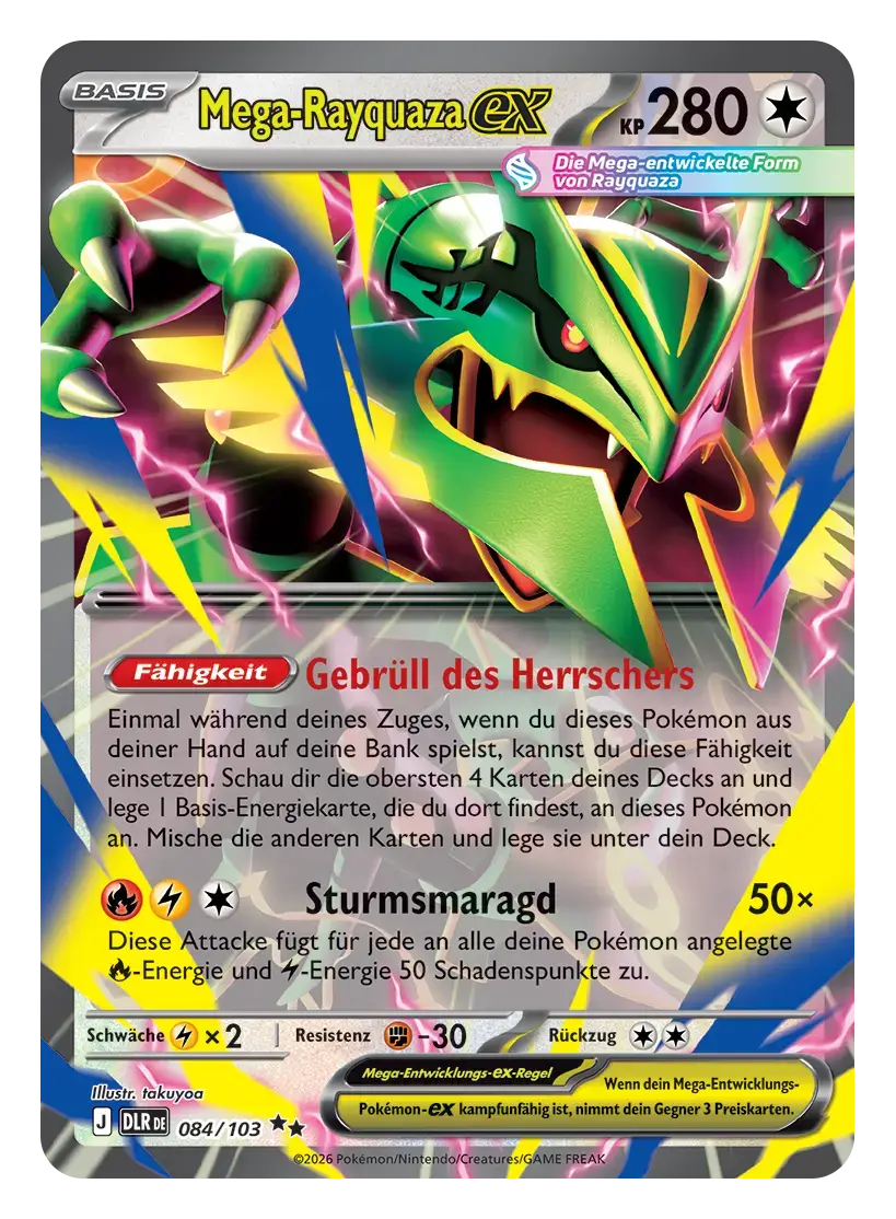 Mega-Rayquaza-ex: Pokémon-Karte Mega-Rayquaza-ex, Basis, 280 KP, Farblos, 084/103. Mega-Rayquaza brüllt zwischen violetten Blitzen.