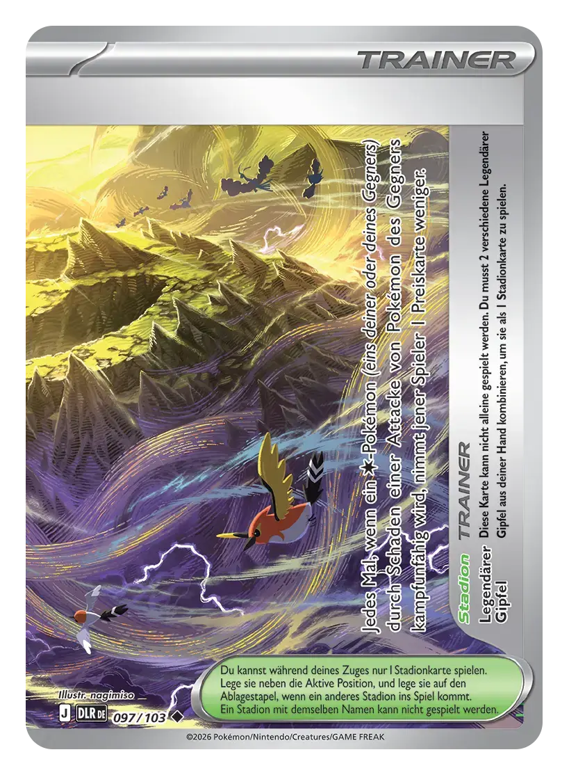Legendärer Gipfel, Teil 2: Stadionkarte Legendärer Gipfel, Teil 2 von 2, 097/103. Vogel-Pokémon fliegen über Berge und Sturmwolken mit Blitzen.