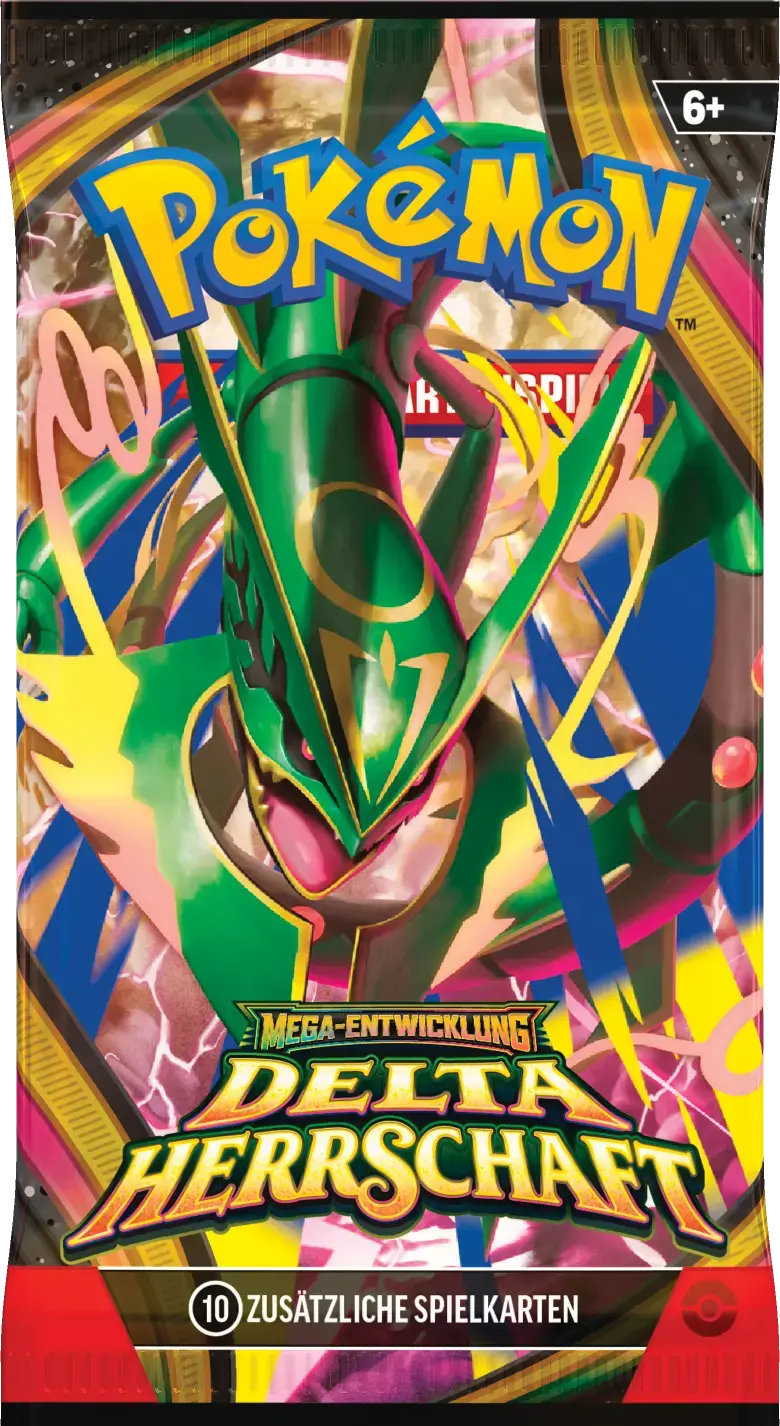 Boosterpack Mega-Rayquaza: Boosterpack „Mega-Entwicklung Delta Herrschaft“ mit 10 Karten und Mega-Rayquaza auf der Vorderseite.