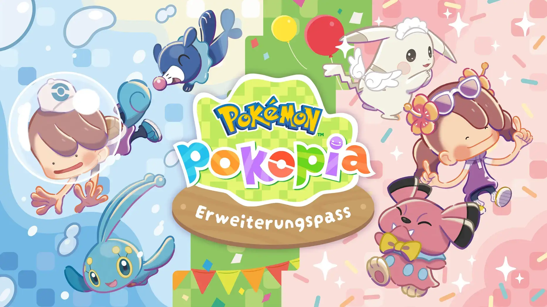 Pokémon Pokopia Erweiterungspass: Links tauchen eine Figur, Robball und Manaphy, rechts feiern eine Figur, Snubbull und ein weißes Pokémon.
