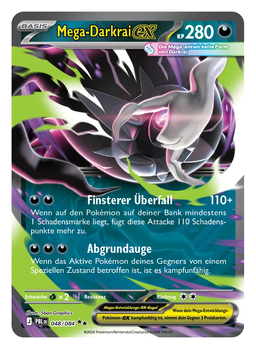 Mega-Darkrai-ex: Pokémon-Karte Mega-Darkrai-ex, Basis, 280 KP, Unlicht, 048/084. Mega-Darkrai schwebt zwischen dunklen Schatten.