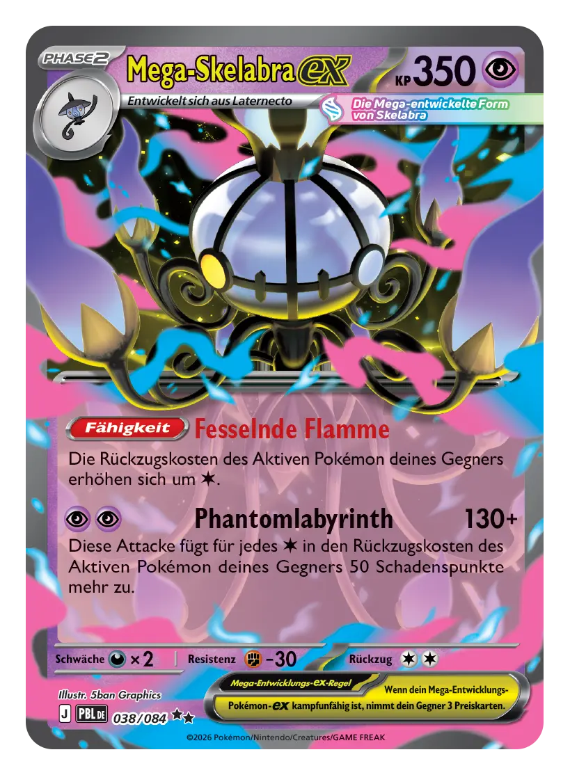 Mega-Skelabra-ex: Pokémon-Karte Mega-Skelabra-ex, Phase 2, 350 KP, Psycho, 038/084. Mega-Skelabra leuchtet zwischen rosa-blauen Flammen.