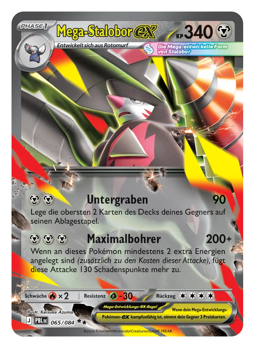 Mega-Stalobor-ex: Pokémon-Karte Mega-Stalobor-ex, Phase 1, 340 KP, Metall, 065/084. Mega-Stalobor mit rotierendem Bohrer zwischen Felsbrocken.