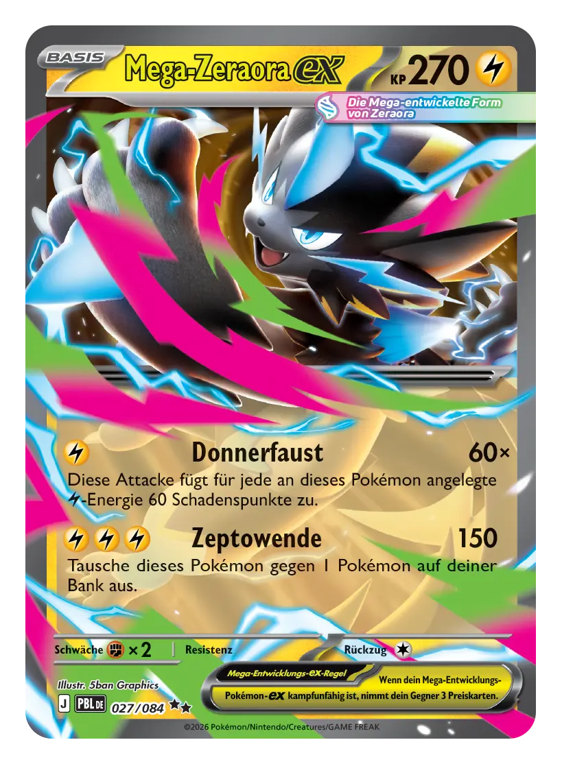 Mega-Zeraora-ex: Pokémon-Karte Mega-Zeraora-ex, Basis, 270 KP, Elektro, 027/084. Mega-Zeraora holt zwischen blauen Blitzen zum Schlag aus.